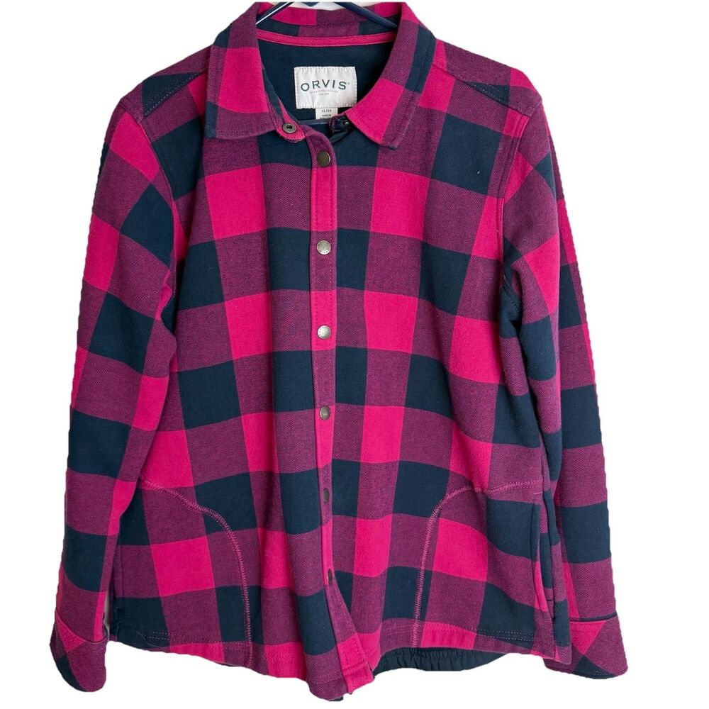 Orvis Pink Plaid Snap Button Fleece Lined Shacket Jacket Pockets Women’s Sz XL